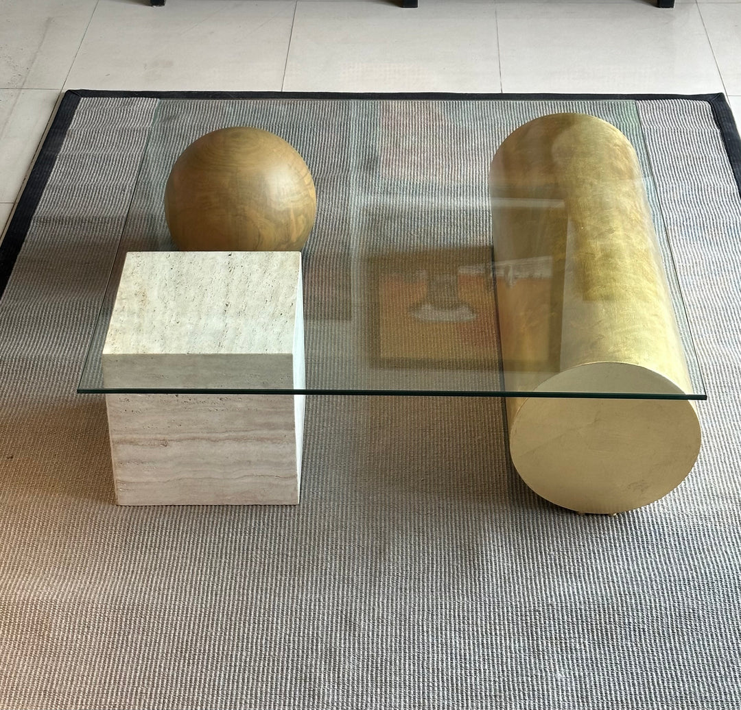 Coffee Table with Glass top, Wooden & travertine base