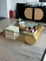 Load image into Gallery viewer, Coffee Table with Glass top, Wooden &amp; travertine base
