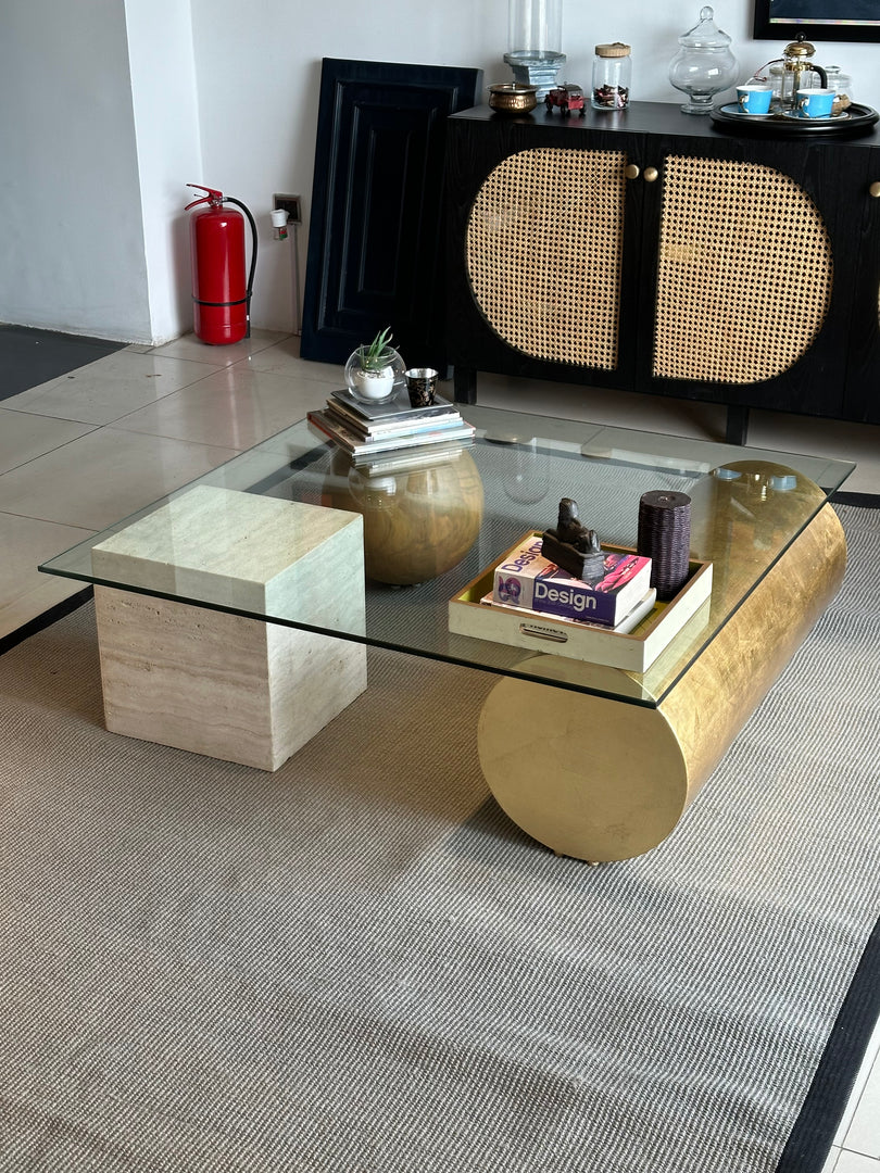 Coffee Table with Glass top, Wooden & travertine base